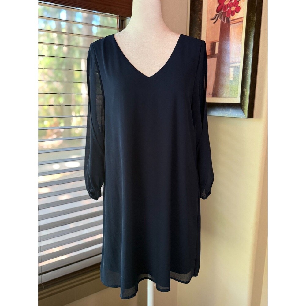 Lulus Shifting Dears Navy Blue Chiffon Long Sleeve Shift Dress Women's Size Sml